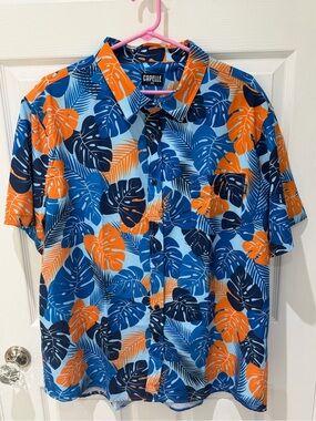 Capelle Men’s Short-Sleeve Tropical Button-Down Shirt - Blue & Orange